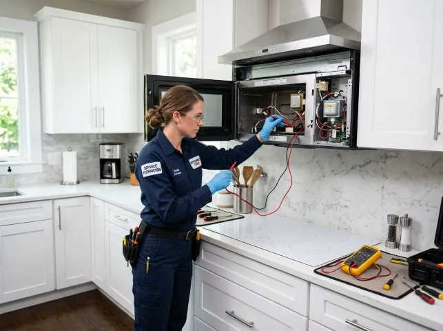 Appliance Repair Hero technician testing an over-the-range microwave in a Broadway, NC kitchen